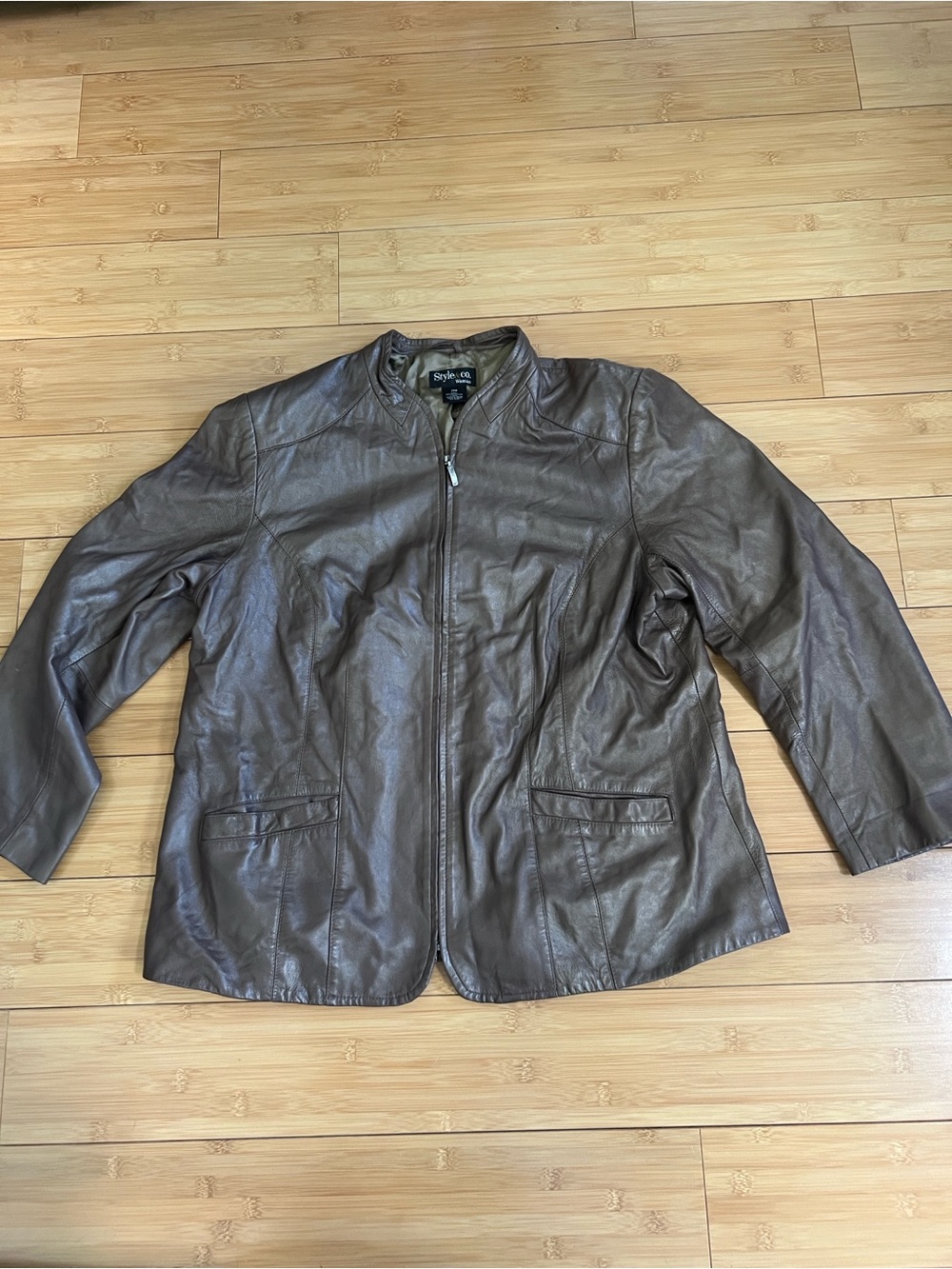 Style & Co Woman Brown Leather Jacket 18W Plus Size Zip Up Mock Neck Minimalist